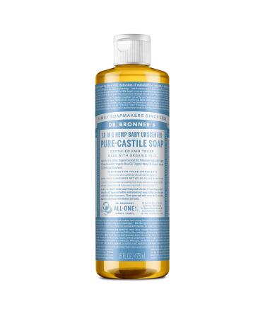 Dr. Bronner's 18-in-1 Hemp Un-Scented Baby-Mild Pure-Castile Liquid Soap 16-ounce Bottle Unscented 16 oz (Pack of 1)