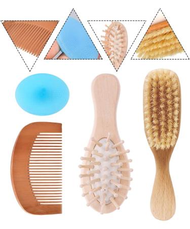 4 Piece Baby Hair Brush Set with Natural Bristles - Prevents & Treats Cradle Cap, Includes Wooden Comb for Massage - Perfect Baby Registry Gift - Buy Online on GoSupps.com