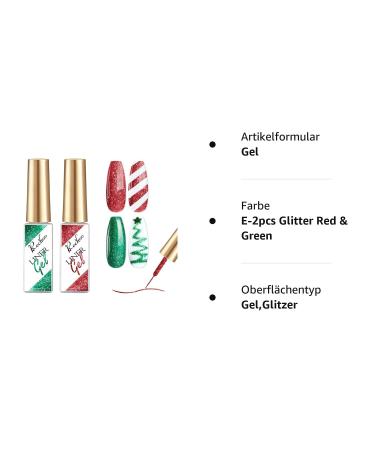 Rechoo 2PCs UV Nail Polish Liner Glitter - 8ml Red & Green Gel for Nail Art Christmas Designs Drawing Lines & French Nails - Perfect for Nail Design - Buy Online on GoSupps.com