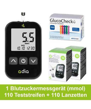 Adia Maxi-Sparset: Blood Sugar Control Kit for Diabetes - Includes Measuring Device 110 Test Strips Lanzettes & More - Buy Online on GoSupps.com