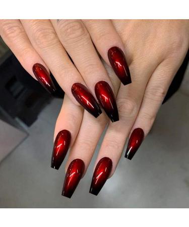 Uranian Coffin Press on Nails Long Black Fake Nails with Designs Ombre Glossy False Nails Full Cover French Tip Nails Halloween Acrylic Nails for Women and Girls (24pcs) Red-Ombre