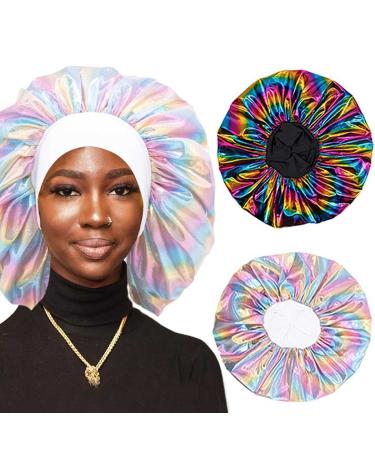 Urieo Satin Bonnet Caps Black Extra Large Night Sleep Caps Soft Elastic Wide Band Hair Bonnet Sleeping Shower Sleep Makeup Cook for Women and Girls (Pack of 2)