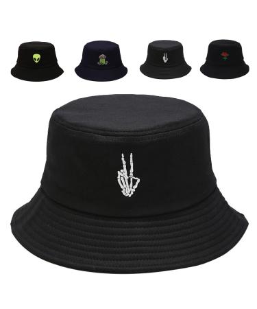 Cotton Bucket Hat for Women Men Summer Travel Sun Beach Bucket Cap, Unisex Outdoor Fisherman Hat Skeleton Fingers Black
