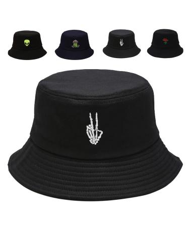 Cotton Bucket Hat for Women Men Summer Travel Sun Beach Bucket Cap, Unisex Outdoor Fisherman Hat Skeleton Fingers Black