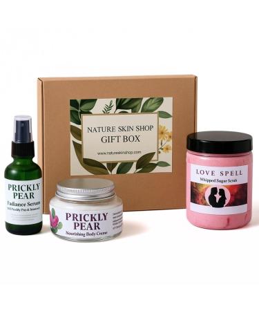 Nature Skin Shop Self-Care Gift Box - 3 Full-Size Products - with Prickly Pear Serum Body Creme & Sugar Scrub - Natural Skincare Set for Women - Perfect for Birthday Holiday & Thank You