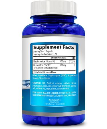 Generic Natural Vitamin Nicotinamide with Resveratrol 600mg (Vitamin B-3) 120 Veggie Capsules Gluten Free & Non-GMO - Buy Online on GoSupps.com