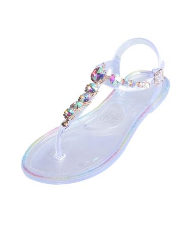 XTZYGLFD Super beautiful glitter diamond pearls transparent PVC sandals for women summer beach flat flip-flop sandals women's flow sandals Clear 7 UK Narrow