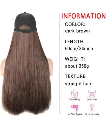iLUU Hat Hair Extension Baseball Cap With Hair Straight Long Smoth Hairpiece With Baseball Hat Attached Adjustable Cap Synthetic Hair Extensions for Girls and Women (24 -Straight Dark Brown) dark brown straight-60cm - Buy Online on GoSupps.com