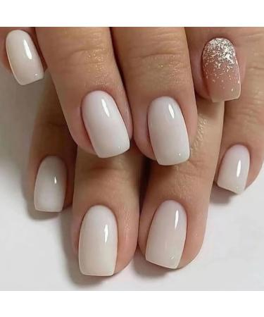 Justotry 24 pieces milky nails to stick on briefly with glitter white press on nails artificial nails fake nails for nails art beautiful square french fingernails artificial nails for women milk & glitter2