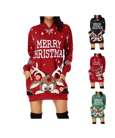 OUNAR Womens Ugly Christmas Sweater Christmas Dress Snowflake Merry Xmas Mini Dress Pullover Hooded Sweatshirt Elk Red Small