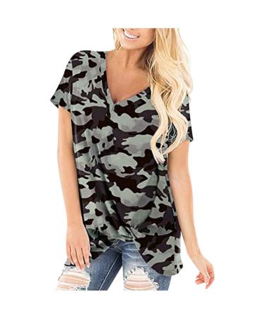 Evangelia.YM Women's V Neck Blouses T-Shirts Short Sleeve Camouflage Tie-Dyed Floral Printed Leisure Loose Tunic Tops