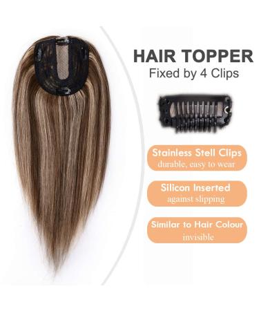Elailite Real Hair Topper Clip-In Extensions | 130% Dense Remy Silk Base | 35cm 45g #4/27 Medium Brown & Dark Blonde - Buy Online on GoSupps.com