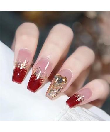 Press on Nails Trapezoid Fake Nails 24Pcs Shiny Red Gradient Pink False fingernail with Self-Adhesive Jelly Nail Glue Tabs Press On False Nails