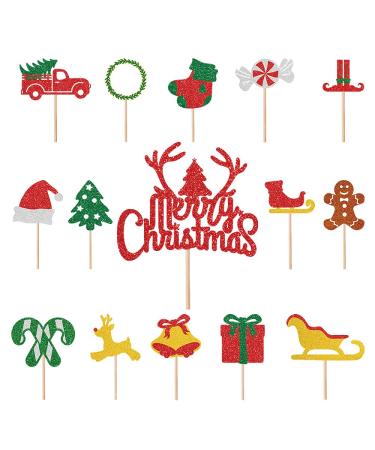 Merry Christmas Cake Topper 15PCS Glitter Christmas Tree Deer Santa Claus Hat Cake Pick Decorations for Christmas Xmas Holiday Cupcake Picks Party Supplies Miniature Ornament