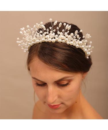 YERTTER Vintage Wedding Pearl Beads Crystal Tiara Hair Crown - Handmade Bride Hair Band for Wedding Prom - White - Buy Online on GoSupps.com