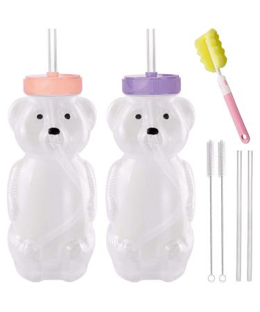 Honey Bear Straw Cups Juice Bear Bottle Drinking Cup Long Straws with 4 Flexible Straws & Cleaning Tools 8-Ounce Therapy Sippy Bottles for Speech and Feeding Training Food-Grade & BPA Free 2 Pack Model-1