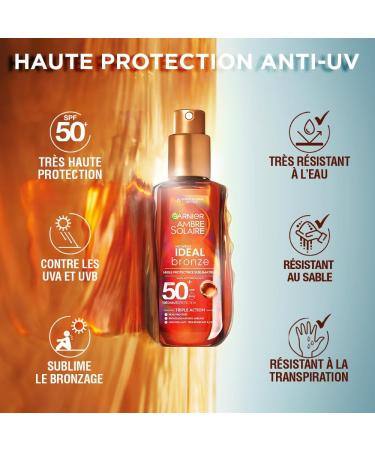 Garnier Ambre Solaire Ideal Bronze Huile Protectrice Sublimatrice de Bronzage Tr s Haute Protection FPS 50+ - Enrichie la Vitamine E Non Gras Non Collant Tous Types de Peau - 150 ml Huile FPS 50+ - Buy Online on GoSupps.com