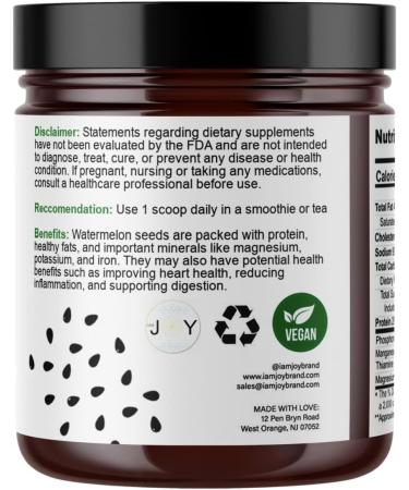 I Am Joy co. Watermelon Seed Protein Powder | Pure, Pesticide-Free, Nutrient Dense, Protein Rich, High in Magnesium, Iron & Zinc | Add to Tea & Smoothies | Non-GMO | Vegan | 16oz Jar - Buy Online on GoSupps.com
