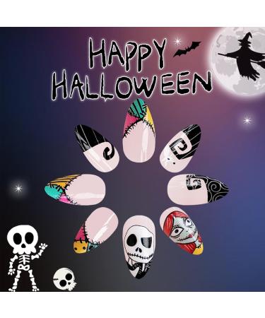 Halloween Press on Nails - Short Almond French Tip Skull & Ghost Designs | 24Pcs Full Cover Acrylic Artificial Nails for Women - Nightmare Before Christmas - Buy Online on GoSupps.com