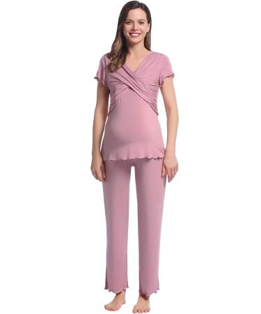 Women Maternity Pyjama Set Short Sleeve Tops & Long Pants Summer Cool Moisture Wicking Pregnancy Labor Nursing Breastfeeding Postpartum Sleepwear XXL Dusty Rose