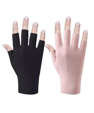 Baofuwan UV Gloves for Nail Lamp Professional UPF50+ UV Protection Gloves 2 Pairs-black+pink