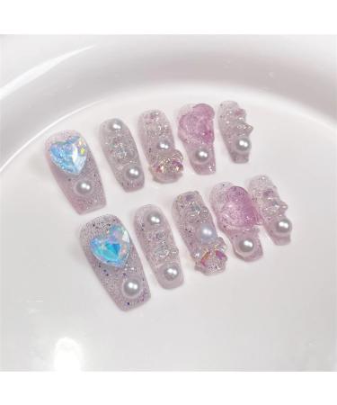 Nails Nail Tips Nails Set Handmade Nails Press On 3D Bear Aurora Diamond Pearl Decor Luxury Long Coffin Wearable Full Cover Nail Tips(JGXX S)