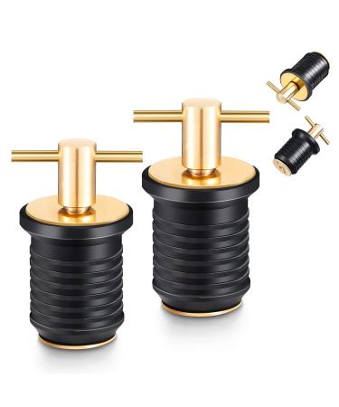 Riakrum 2 Pieces T-Handle Drain Plug Twist-Turn Marine Boat Drain Plugs Rubber Plugs with Brass Handle Boat Marine Accessories Brass Plated T-Handle Plug Rubber Drain Plug for Hull 1 Inch, 40 g