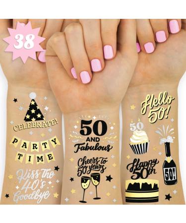 xo  Fetti 50th Birthday Party Decorations 50 and Fabulous Temporary Tattoos - 38 styles | Gold + Silver Foil Fifty Birthday Gift  Birthday Girl