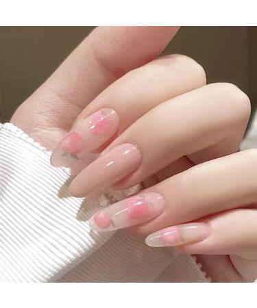 IMSOHOT 24Pcs Round Fake Nails Cute Peach Oval Press on Nails Long False Nails with Designs Glossy Full Cover Glue on Nails for Women and Girls 14
