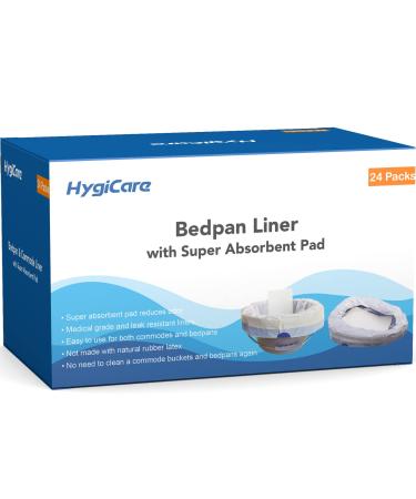 HygiCare Bedpan Liners with Super Absorbent Pads - 24 Count Universal Fit, Medical Grade Leakproof Liner for Bedpan and Bedside Commode, Toilet and Camping Waste Bag, Turn Liquids to Gel Reduce Odor