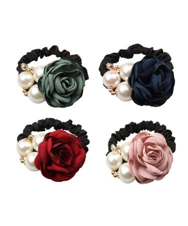 LOVEF 4Pcs Korean Fashion Pearl Hair Rope Rose Flower Hair band Rhinestone Hair Ties Rubber Band Hair Jewelry