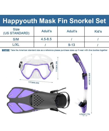 Happyouth 6 in 1 Snorkel Set with Panoramic View Mask, Trek Fin, and Dry Top Snorkel - Purple, S/M (US Size 4.5-8.5) - Buy Online on GoSupps.com