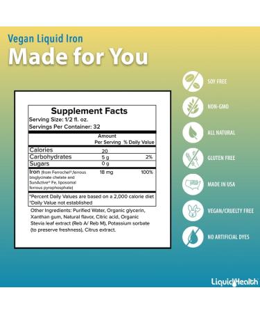 LIQUIDHEALTH Vegan Liquid Iron Supplement with SunActive & Ferrochel Iron - Natural Energy Immune System & Metabolic Support Increase Mental Clarity Prenatal/Postnatal - USA Made Non-GMO (16 oz) 16 Fl Oz (Pack of 1) - Buy Online on GoSupps.com