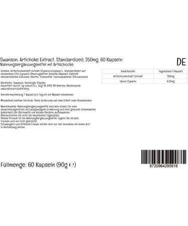 Swanson Artichoke Extract Standardised 250mg 60 Capsules Soy Free Gluten Free Non-GMO - Buy Online on GoSupps.com