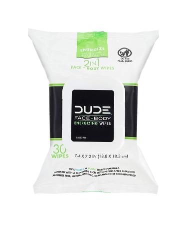 DUDE Face & Body Wipes 30 Count Energizing & Refreshing Scent Infused with Pro Vitamin B-5 Face Cleansing Cloths for Men Lightly Scented for Mid-Day Refreshment Hypoallergenic Alcohol Free