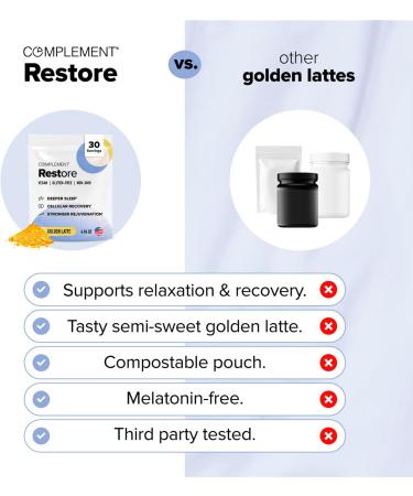 Complement Restore Golden Latte - Calm Magnesium Powder Deep Sleep Aid Drink - Reishi Ashwagandha Valerian & L-Theanine - Nighttime Recovery Relaxation Adaptogens Mix - No Melatonin (30 Servings) 30 Servings (Pack of 1 - Buy Online on GoSupps.com