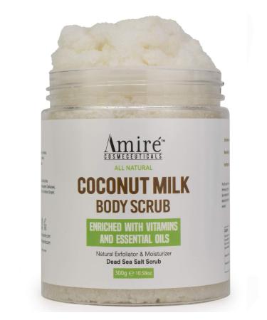 Amire Coconut Milk Scrub For Body And Face 100% Pure Dead Sea Salt Exfoliating and Moisturizing Scrub For Cellulite Stretch Marks Acne and Varicose Veins with Vitamin E Shea Butter Argan Oil 300g