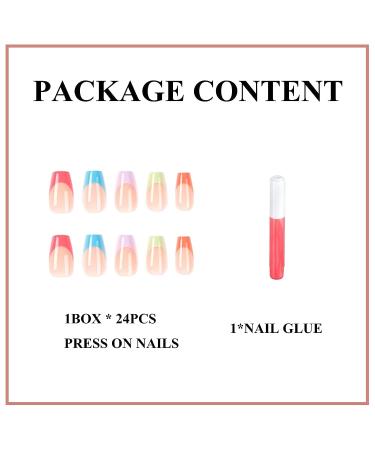 Mervf Medium French Tip Colorful Ballerina Acrylic Nails with Designs - 24pcs Glossy Press on Nails for Women 45-07 - Buy Online on GoSupps.com