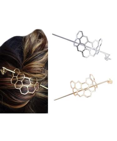 Hair Cuffs Pins for Buns Hairpin Metal Hair Sticks Geometric Minimalist Hair Clips Accessories for Women Girls 2 Pcs Gold Silver