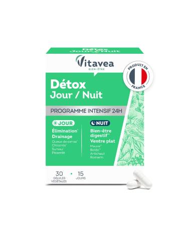 VITAVEA WELL-BEING - 24h Detox Food Supplement Day & Night - Elimination Digestion Drainage - Elderberry Chlorella Turmeric Birch Cherry Tail Artichoke - 28 tablets - Made in France