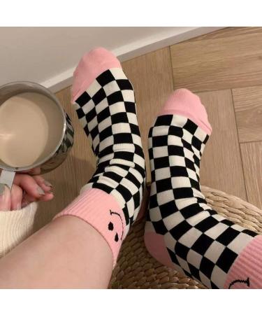 Akamas 4 Couple Black & White Checkered Ladies Socks - Smiling Face Pattern Colorful Breathable Cotton Crew Socks Perfect Gift for Girls - Buy Online on GoSupps.com