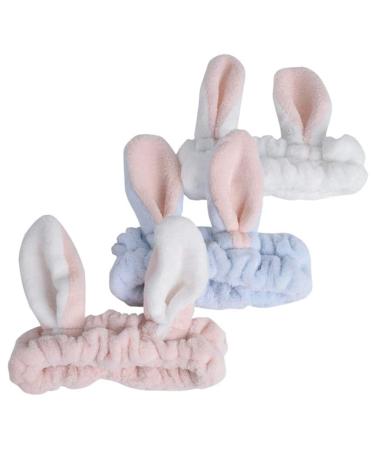 3 Piece Elastic Rabbit Ear Hairlace Colorful Facial Headband Soft Cute Makeup Spa Bunny Headband for Adults