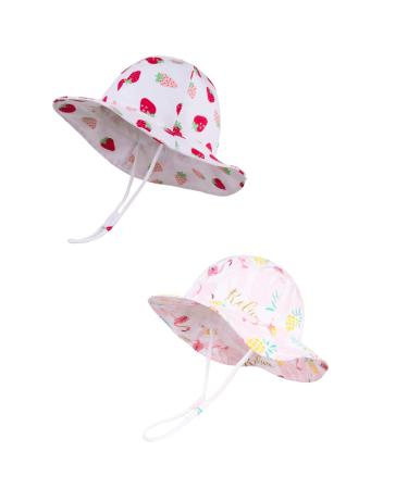 LANGZHEN Beach Sun Protection Hat for Baby Girls Adjustable Toddler Kids Hat Wide Brim Summer Play Hat with Chin Strap Flamingo-Pink+White -Strawberry 6-12 Months