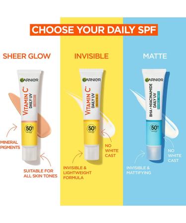 Garnier Vitamin C Daily UV Brightening Fluid Sheer Glow SPF50+ 50ml | Evens Skin Tone, Corrects Sun Damage | Cruelty-Free Vegan | All Skin Types - Buy Online on GoSupps.com