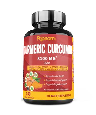 Turmeric Curcumin Extract Capsules 8100mg 5 Months Supply & Ashwagandha Triphala Moringa Boswellia Ginger Tulsi Black Pepper - Joint Health Support - Powerful Antioxidant Properties 150 Caps