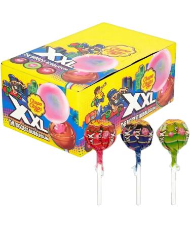 Chupa Chups XXL Bubblegum Filled Lollipops 25 x 30g(Full Box) - Extra-large fruity flavoured lollipop with a long lasting strawberry bubblegum center - Buy Online on GoSupps.com