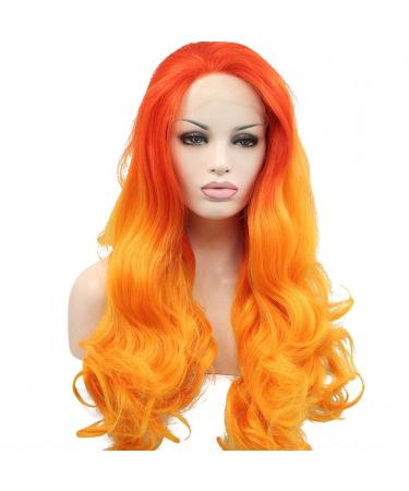 Melody Wig Orange Ombre Synthetic Lace Front Wigs Red Orange Body Wave Free Part 180% Density Half Hand Tied Heat Resistant Fiber Hair for Women 24 orange red