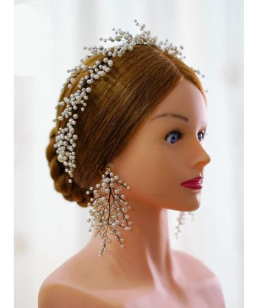JWICOS Bride Hair Accessories Pearl Headband Earrings Set Pearl Hair Vine Headpiece for Wedding Evening Party