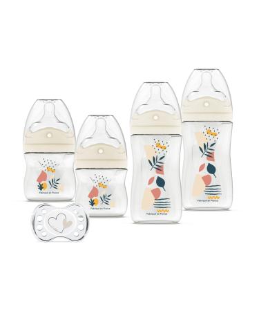 DODIE Set of 4 Birth Bottles, anti-colic, Multi-Perforated Teat (2x150mL and 2x270mL), a birth pacifier, Terracott