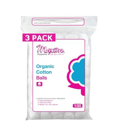 Maxim Organic Cotton Balls 300ct No Chlorine/Dioxin/Chemical Biodegradable Soft Touch Organic Cotton Balls Unbleached Resealable Zip-Locked Bag 3 Packs of 100